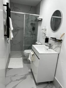 y baño con ducha, lavabo y aseo. en Apartamento Matriz PVZ (T2) en Póvoa de Varzim