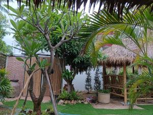 a garden with palm trees and a hut at Bamboo homestay at samroiyot in Baanphakrimlay 