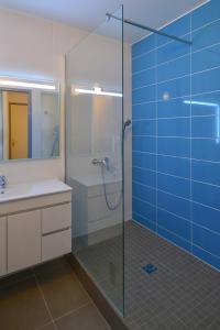a bathroom with a glass shower and a sink at VVF Résidence Saint-Cyr-sur-Mer in Saint-Cyr-sur-Mer