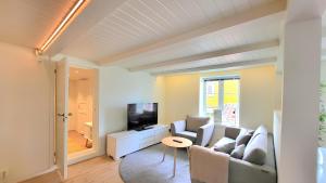 sala de estar con sofá y TV en Fancy 2 bedroom flat, Cathedral View !, en Trondheim
