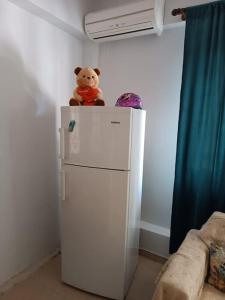 a teddy bear sitting on top of a refrigerator at Στούντιο στο κέντρο της Πρέβεζας in Preveza