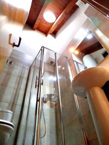 a glass shower in a bathroom with a toilet at Apartaments Sort Pirineus in Sort