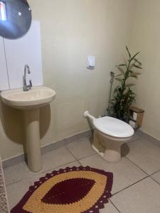 a bathroom with a sink and a toilet and a rug at Pousada Recanto do Tucano in Cavalcante