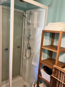 um chuveiro numa casa de banho com uma porta de vidro em Le Domaine d'Arignac em Arignac
