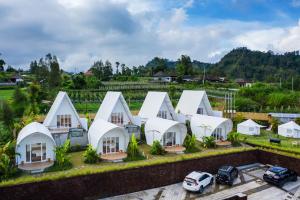 金塔馬尼的住宿－The Dewi Kintamani Luxury Glamping and Natural Hotspring，前面停放汽车的房子的空中景色