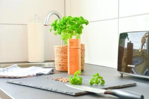 a kitchen counter with a knife and a vase with plants at MILPAU Buer 3 - Modernes und zentrales Premium-Apartment mit Queensize-Bett, Netflix, Nespresso und Smart-TV in Gelsenkirchen