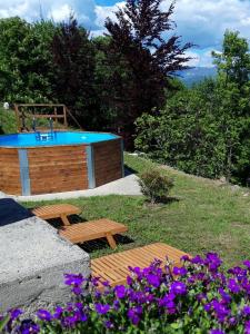 - une piscine avec un banc et des fleurs violettes dans l'établissement Coquette maison à la campagne, à Apremont
