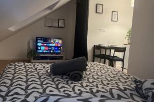 ein Schlafzimmer mit einem Bett mit einem Radobjekt darauf in der Unterkunft COSY RENT Appartment Strasbourg station Tv Wifi in Straßburg