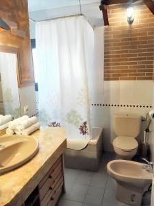 La salle de bains est pourvue d'un lavabo, de toilettes et d'une douche. dans l'établissement 3 bedrooms house with city view balcony and wifi at Esparreguera, à Esparraguera