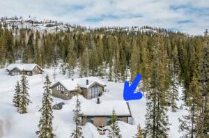 eine Luftansicht eines Hauses im Schnee in der Unterkunft Cozy Mountain Cottage with beautiful views & Sauna in Beitostøl