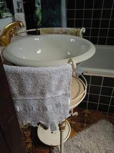 a bath tub with a towel on it in a bathroom at Casa Pintarolas in Lousã