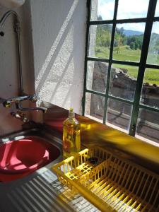 a kitchen sink with a dish drying rack next to a window at Casa Pintarolas in Lousã