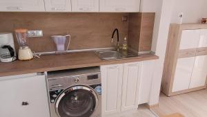 uma cozinha com um lavatório e uma máquina de lavar roupa em Strumyani tiny flat em Sandanski