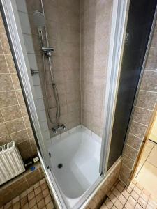 y baño con ducha y puerta de cristal. en Monteurwohnung - Worker's apartment - Pforzheim Belremstraße, en Pforzheim