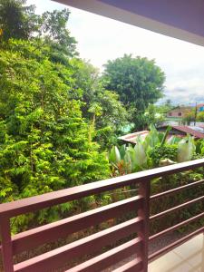 uma varanda com vista para árvores e arbustos em Caribbean Sea Towers Hotel em Puerto Viejo