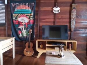 a living room with a guitar and a television at Chalé Penedo in Penedo