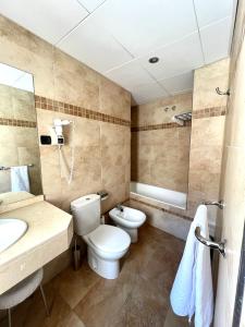 La salle de bains est pourvue de toilettes, d'un lavabo et d'un miroir. dans l'établissement Carlos V Malaga, à Malaga