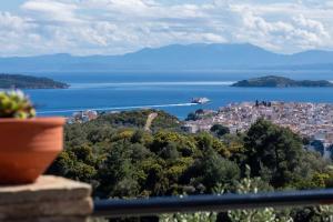 a view of a city with a boat in the water at Koukounaraki Apartment 1 in Skiathos