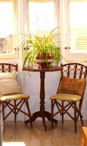 a table with two chairs and a plant on it at Maria Townhouse Heart of Victoria B&B in Victoria