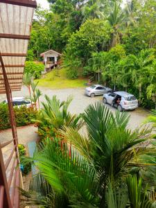 zwei Autos auf einem Parkplatz mit Bäumen geparkt in der Unterkunft Caribbean Sea Towers Hotel in Puerto Viejo