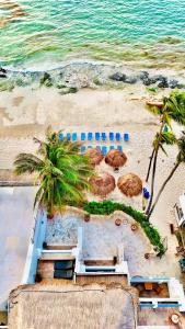 Pelicano Inn Playa del Carmen - Beachfront Hotel في بلايا ديل كارمن: اطلالة جوية على شاطئ فيه مظلات والمحيط