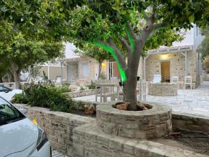 a tree in a stone wall next to a car at Villa Sylvia 1 Matala in Matala