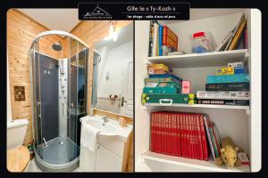 2 fotografías de un baño con ducha y lavabo en Aux portes de la baie - Vieux-Viel, en Vieux-Viel
