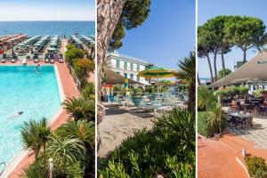 Drei Bilder eines Resorts mit Swimmingpool und Meer in der Unterkunft Hotel Gabriella in Diano Marina