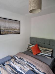 een slaapkamer met een bed met een rood kussen bij Rehoboth Living in Thamesmead
