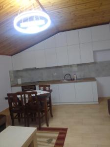uma cozinha com uma mesa e cadeiras e uma luz em Akid&Alan Apartment em Tirana