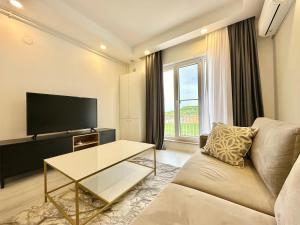 een woonkamer met een bank en een tv bij Double Studio B105 StayInn by Cosmopolis in Creţuleasca