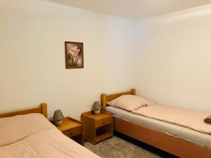 1 dormitorio con 2 camas y una foto en la pared en Polzer CAMPING BÜKFÜRDŐ en Bük