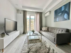 een woonkamer met een bank en een televisie bij Double Studio B106 StayInn by Cosmopolis in Ştefăneştii de Jos