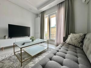 een woonkamer met een bank en een tv bij Double Studio B106 StayInn by Cosmopolis in Ştefăneştii de Jos