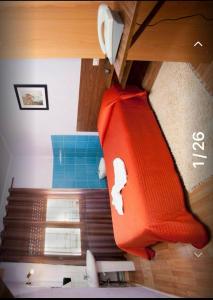1 dormitorio con 1 cama con manta roja en Hostal Goias, en Oviedo