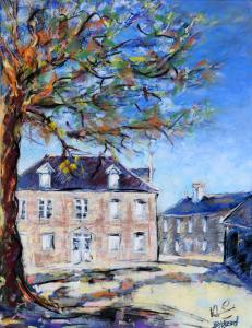 una pintura de un edificio y un árbol en La Vieille Auberge en Peyrelevade