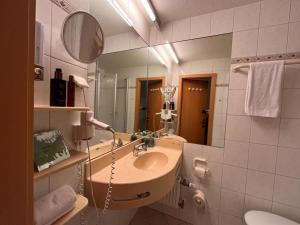 een badkamer met een wastafel en een spiegel bij Exil Apartment in Sankt Englmar