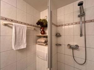 een badkamer met een douche en een glazen deur bij Exil Apartment in Sankt Englmar