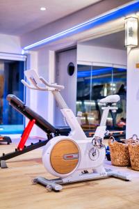 La Ponta Villas & Suites في أكروتيري: صالة ألعاب رياضية مع دراجة ممارسة في الغرفة