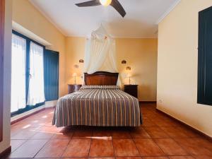 1 dormitorio con 1 cama y ventilador de techo en Puerta del Agua, en Uclés