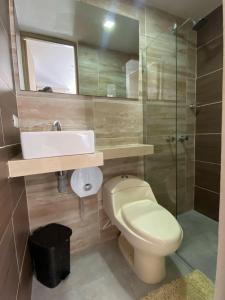 La salle de bains est pourvue de toilettes, d'un lavabo et d'un miroir. dans l'établissement Hotel Colores Boutique, à Medellín