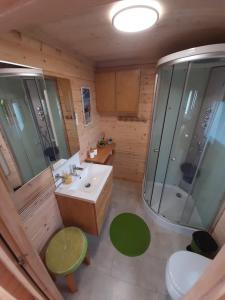 a small bathroom with a sink and a shower at Chalet im Spiel- und Obstgarten in Keidelheim