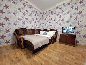 a bedroom with a bed and a tv in it at Березовий сквер Апартаменти біля Обласної лікарні і госпіталю Документи для відряджень in Poltava