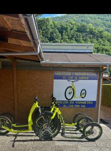una bicicletta gialla parcheggiata di fronte a un cartello di Camping Alex a Cadenazzo