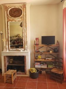 een woonkamer met een open haard en een spiegel bij Mini Loft in Cassis