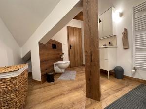 a bathroom with a toilet and a wooden door at MAJA Premium Loft Apartment in historical city center in Komárno