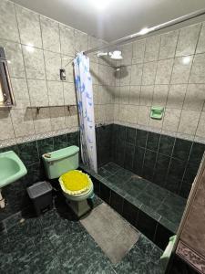 uma casa de banho com um WC verde e um chuveiro em Sumaq Wasi Caminos Del Inca em Lima