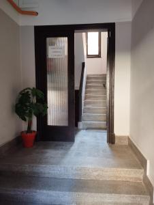 un corridoio con una porta e una pianta in vaso di Apartamento en Silla del Rey a Oviedo