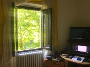 ventana en una habitación con radiador y TV en Spacious house with private garden in Chianti, en Lucolena in Chianti