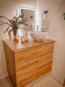 a bathroom with a sink on top of a wooden cabinet at Madrigal Luxury Loft M01 in Florencia